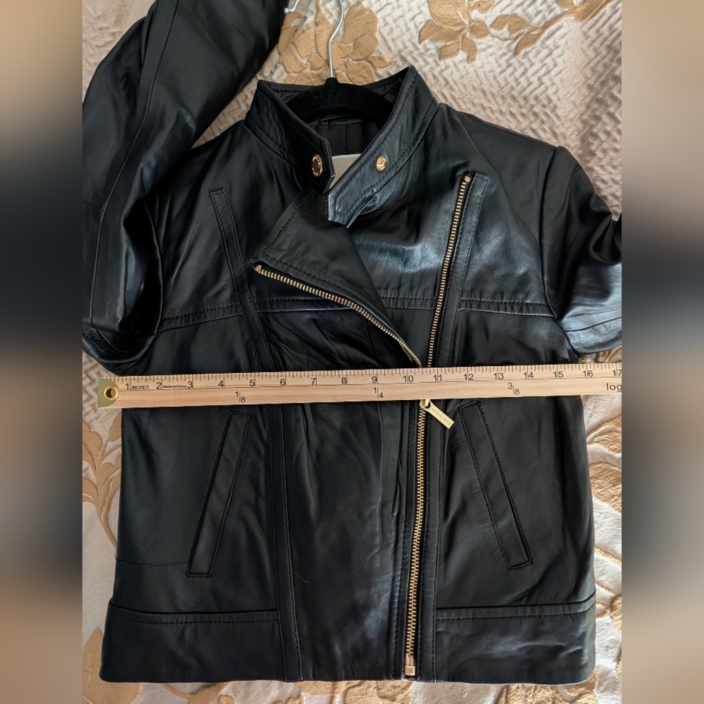Michael Kors Leather Moto‎ Jacket Luggage Black Sz XS - Picture 9 of 13
